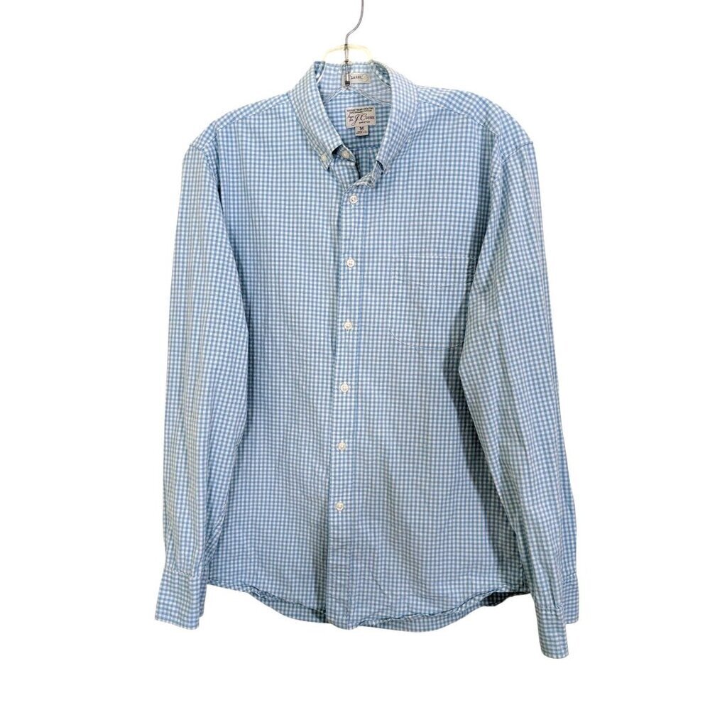 J Crew Organic Cotton Blue Button Down Shirt Men Medium Gingham Layering Preppy